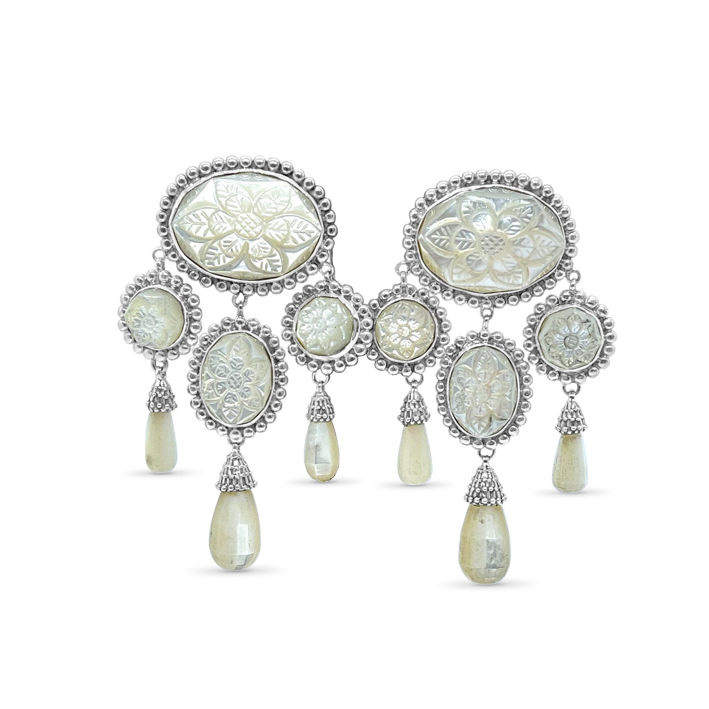 One of a Kind Hand Carved Mother of Pearl Earrings in Sterling Silver