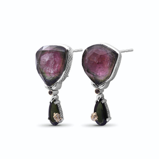One of a Kind Watermelon Tourmaline Green Tourmaline 18K Gold Bezel and Diamond 0.15ct Earrings in Sterling Silver with 18K Gold Diamond Pave Adam