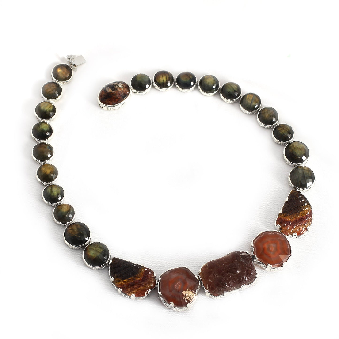 One of a Kind Hand Carved Smoky Quartz Natural Quartz Stalactite Hand Carved Tourmaline Faceted Labradorite and Lodolite Necklace in Sterling Silver with 18K Gold Adam