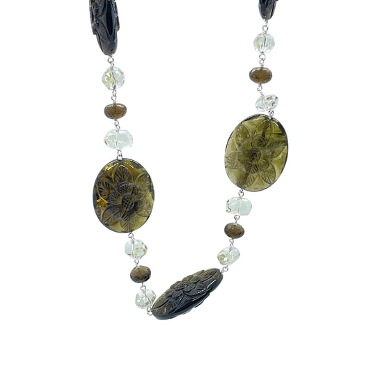 One of a Kind Hand Carved Tourmaline and Faceted Quartz Beaded Necklace in Sterling Silver