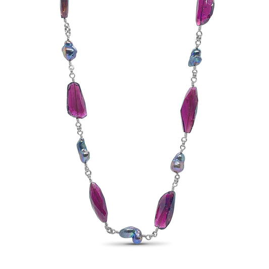 One of a Kind Faceted Tourmaline and Pearl Necklace in Sterling Silver