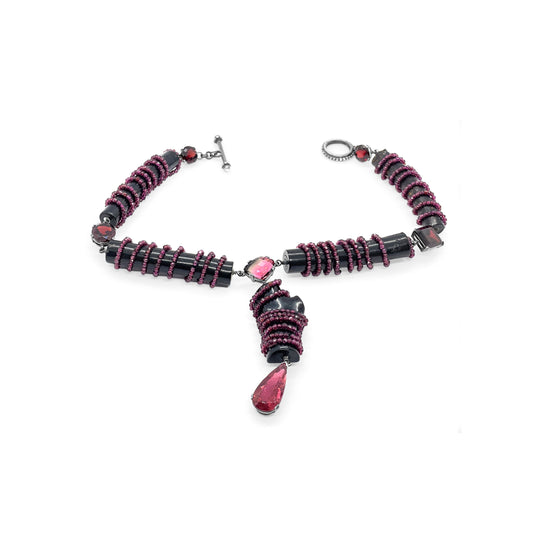 One of a Kind Touramline Garnet and Black Coral Necklace in Sterling Silver