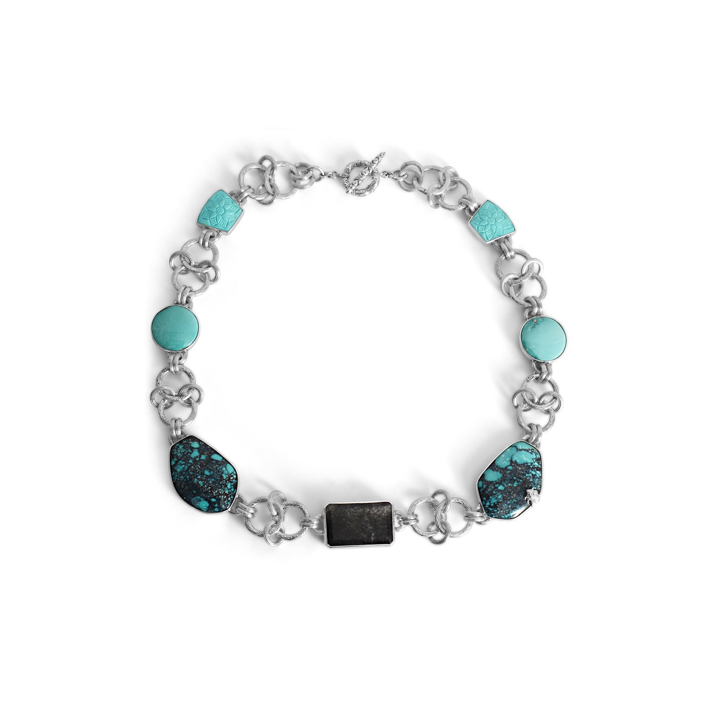 One of a Kind Natural Turquoise and Black Hair Rutilated Quartz Necklace in Sterling Silver with Adam