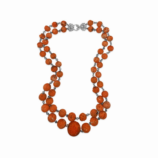 One of a Kind Coral Double Strand Necklace in Sterling Silver