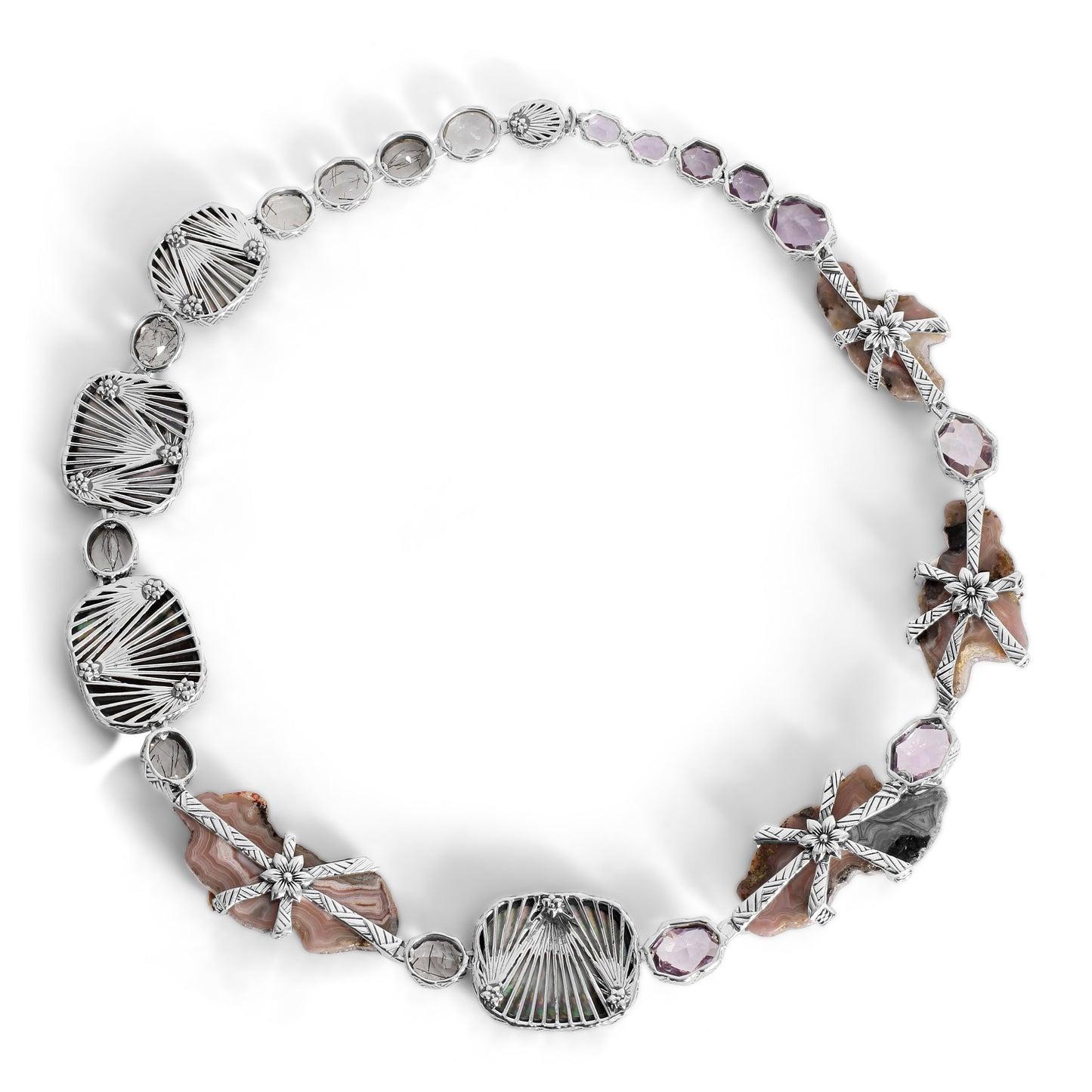 One of a Kind Chalcedony Black Hair Rutilated Quartz Amethyst and Hand Carved Mother of Pearl Necklace in Sterling Silver with 18K Gold Adam