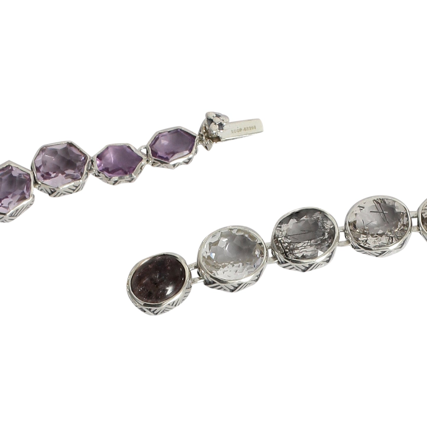 One of a Kind Chalcedony Black Hair Rutilated Quartz Amethyst and Hand Carved Mother of Pearl Necklace in Sterling Silver with 18K Gold Adam
