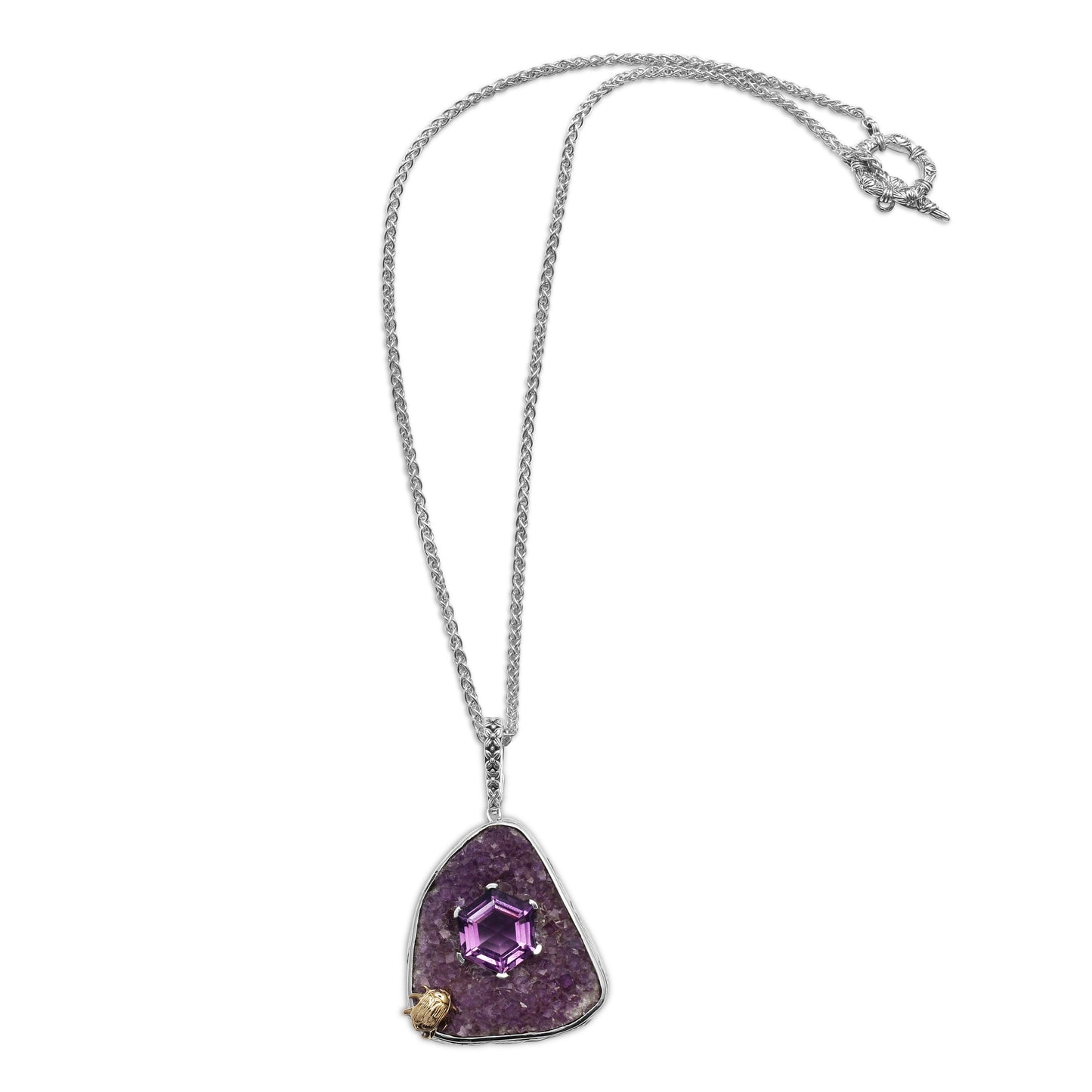 One of a Kind Faceted Amethyst and Druzy Pendant in Sterling Silver with 18K Gold Adam