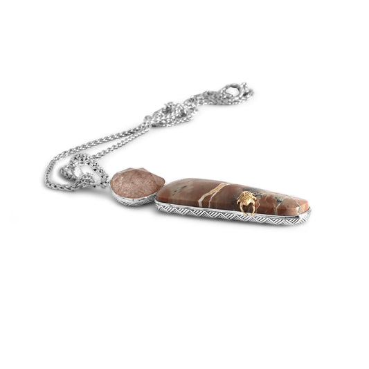 One of a Kind Circle Cliff Petrified Wood Faceted Red Hair Rutilated Quartz and Faceted Natural Quartz in Sterling Silver with 18K Gold Diamond Pave Adam