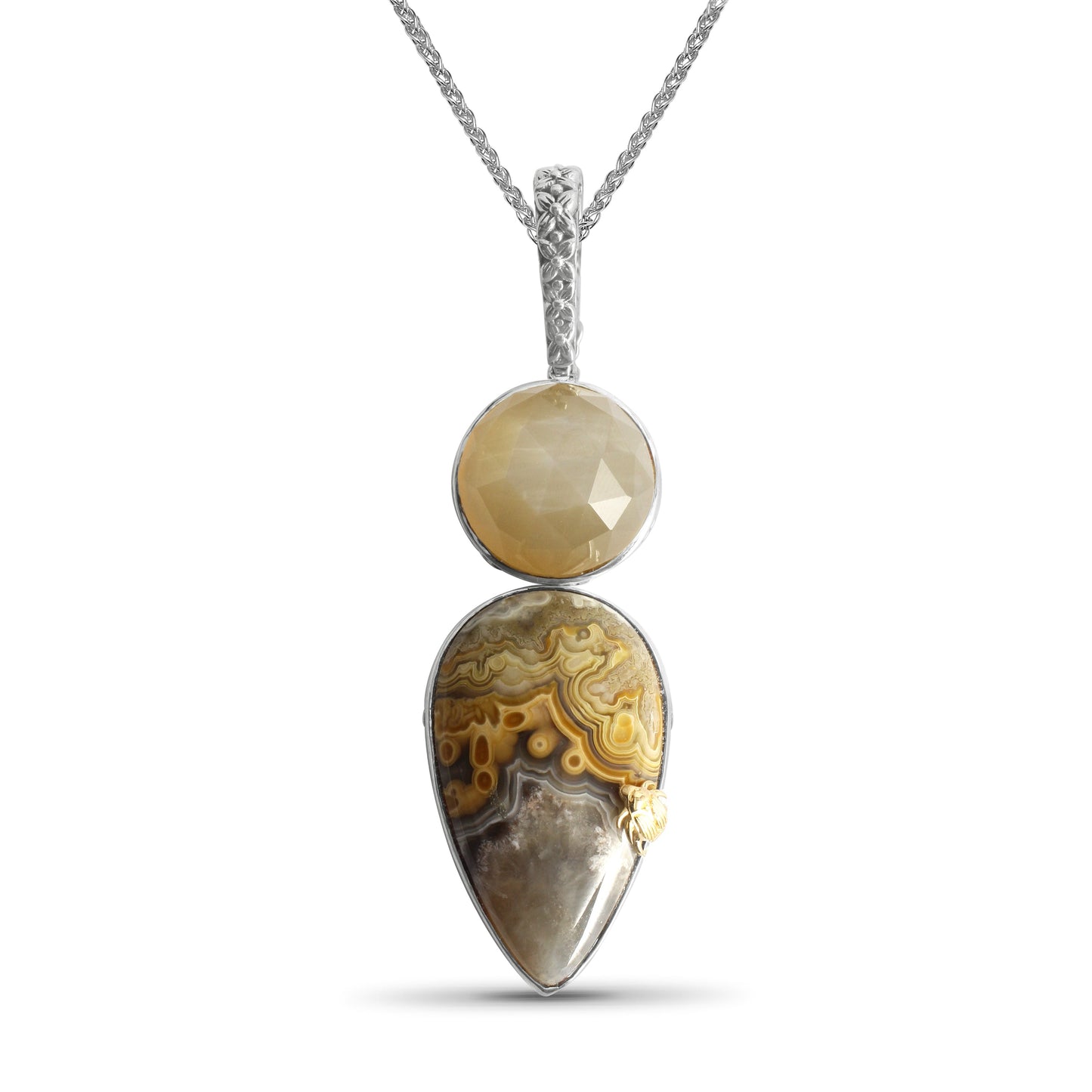 One of a Kind Crazy Lace Agate and Faceted Moonstone Pendant in Sterling Silver with 18K Gold Adam