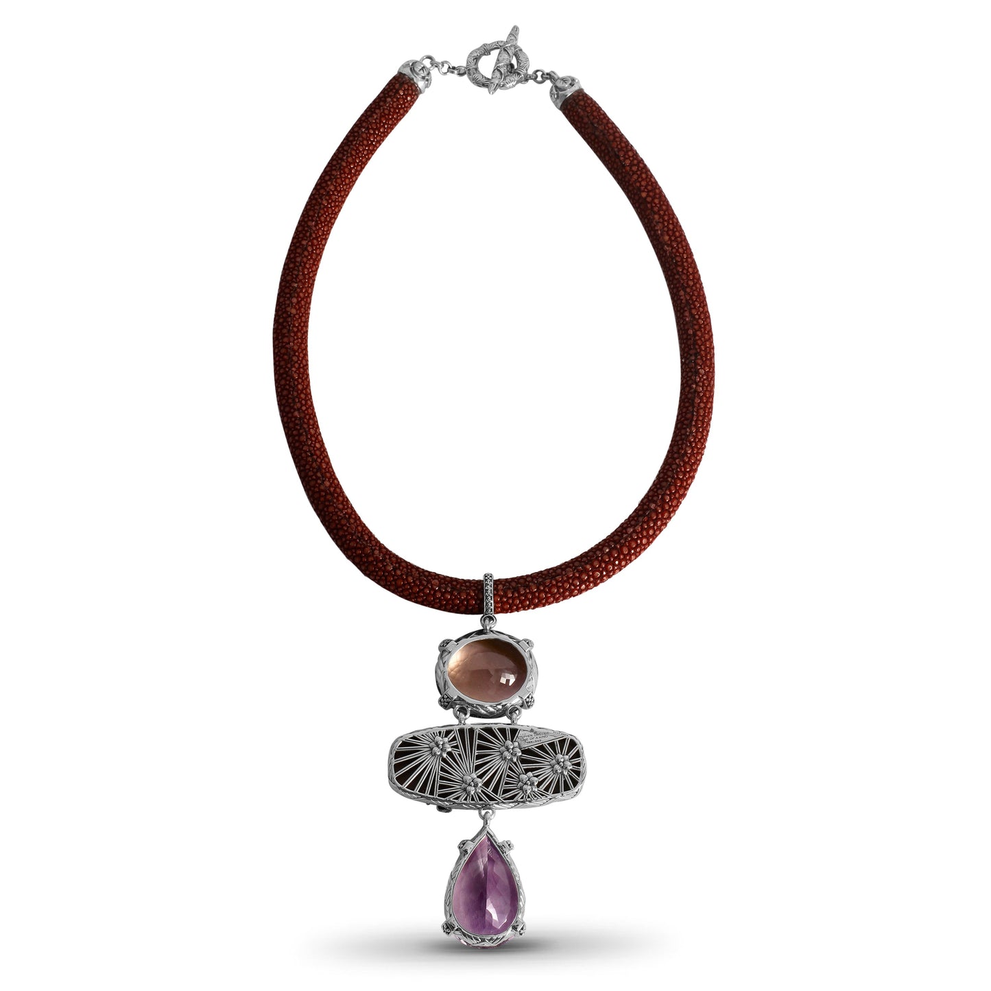 One of a Kind Amethyst Mookaite Jasper and Ametrine Shagreen Collar Necklace in Sterling Silver with 18K Gold Diamond Pave Adam