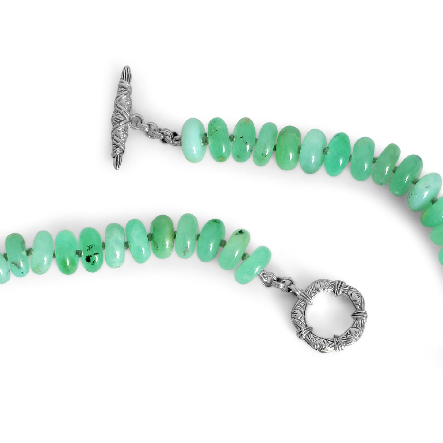 One of a Kind Vintage Hand Carved Jade Faceted Chrysoprase and Chrysoprase Bead Necklace in Sterling Silver with 18K Gold Adam