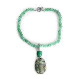 One of a Kind Vintage Hand Carved Jade Faceted Chrysoprase and Chrysoprase Bead Necklace in Sterling Silver with 18K Gold Adam