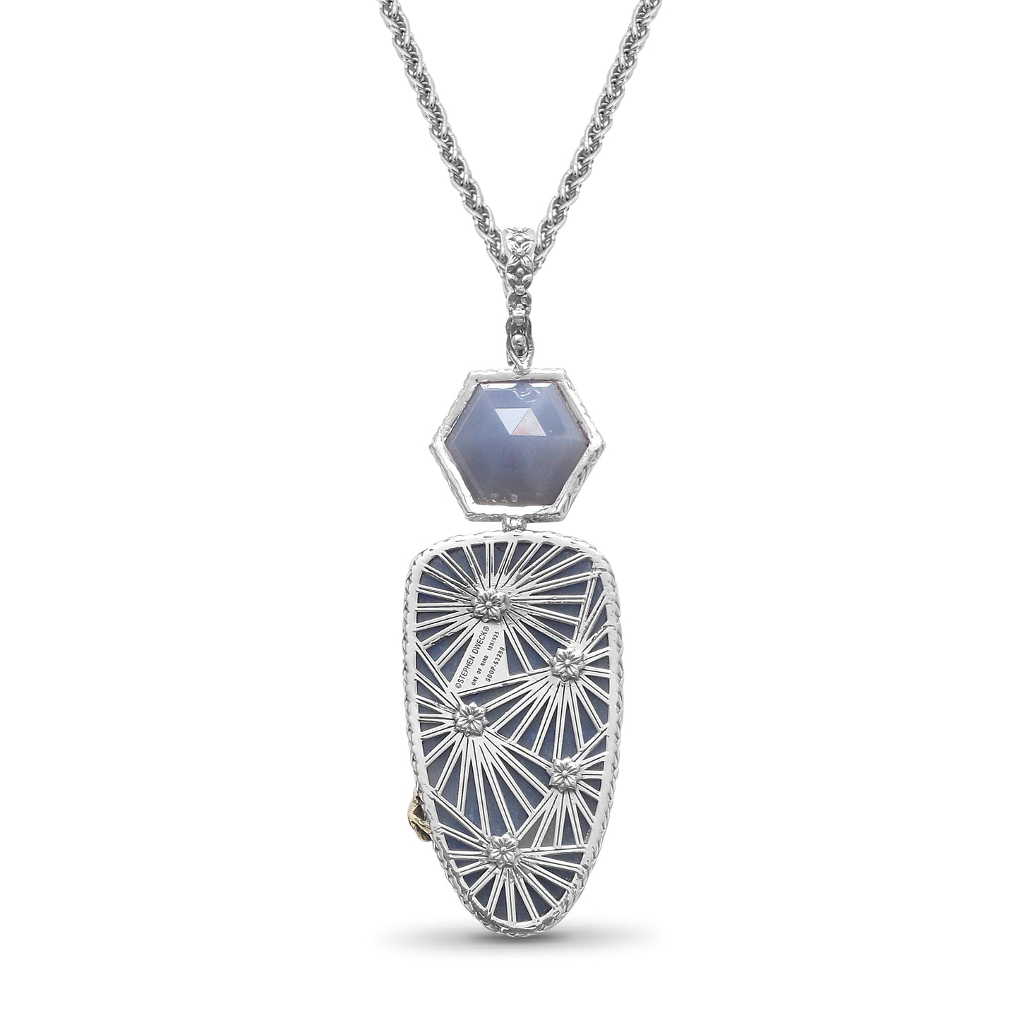 One of a Kind Faceted Blue Chalcedony Hand Carved Mother of Pearl Blue Aventurine Quartz and Mother of Pearl Pendant in Sterling Silver with 18K Gold Adam
