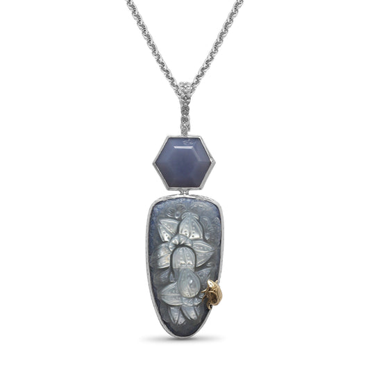 One of a Kind Faceted Blue Chalcedony Hand Carved Mother of Pearl Blue Aventurine Quartz and Mother of Pearl Pendant in Sterling Silver with 18K Gold Adam