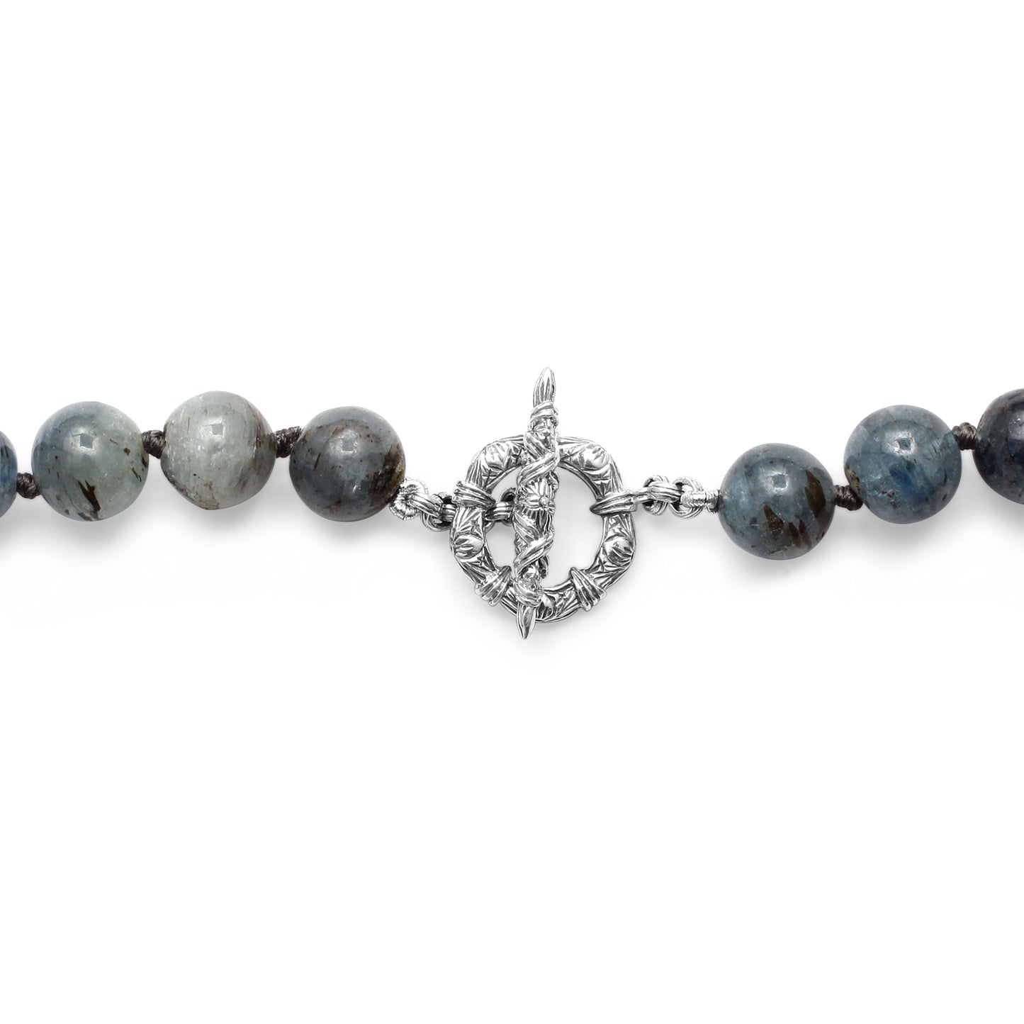One of a Kind Vintage Hand Carved Jade Rutilated Aquamarine and Aquamarine Bead Necklace in Sterling Silver with 18K Gold Adam