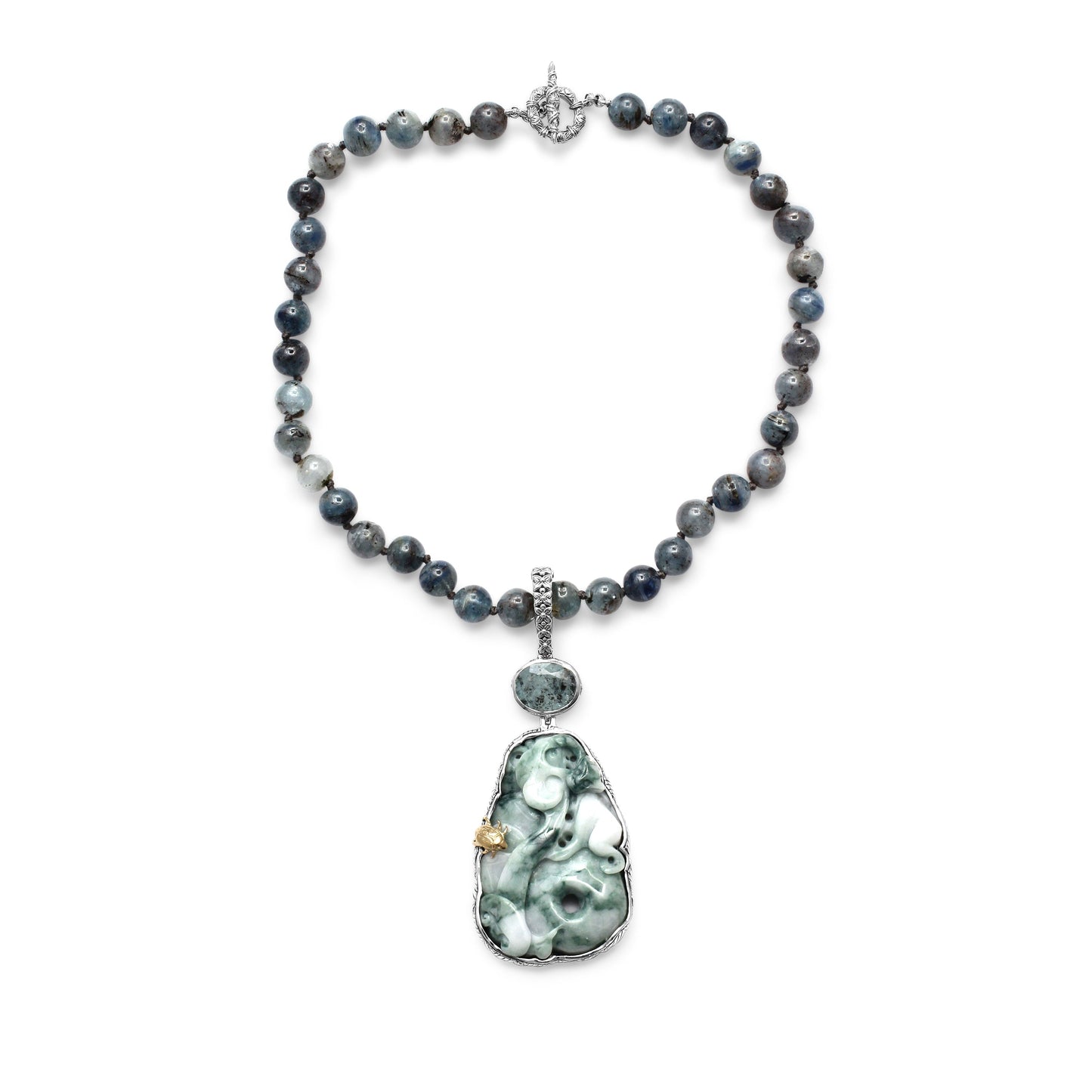 One of a Kind Vintage Hand Carved Jade Rutilated Aquamarine and Aquamarine Bead Necklace in Sterling Silver with 18K Gold Adam