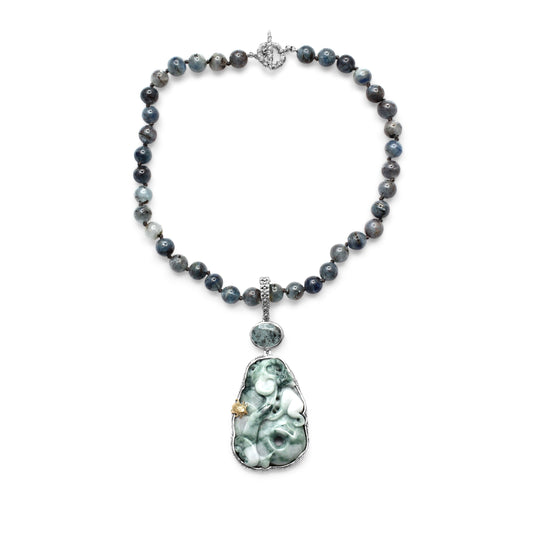 One of a Kind Vintage Hand Carved Jade Rutilated Aquamarine and Aquamarine Bead Necklace in Sterling Silver with 18K Gold Adam