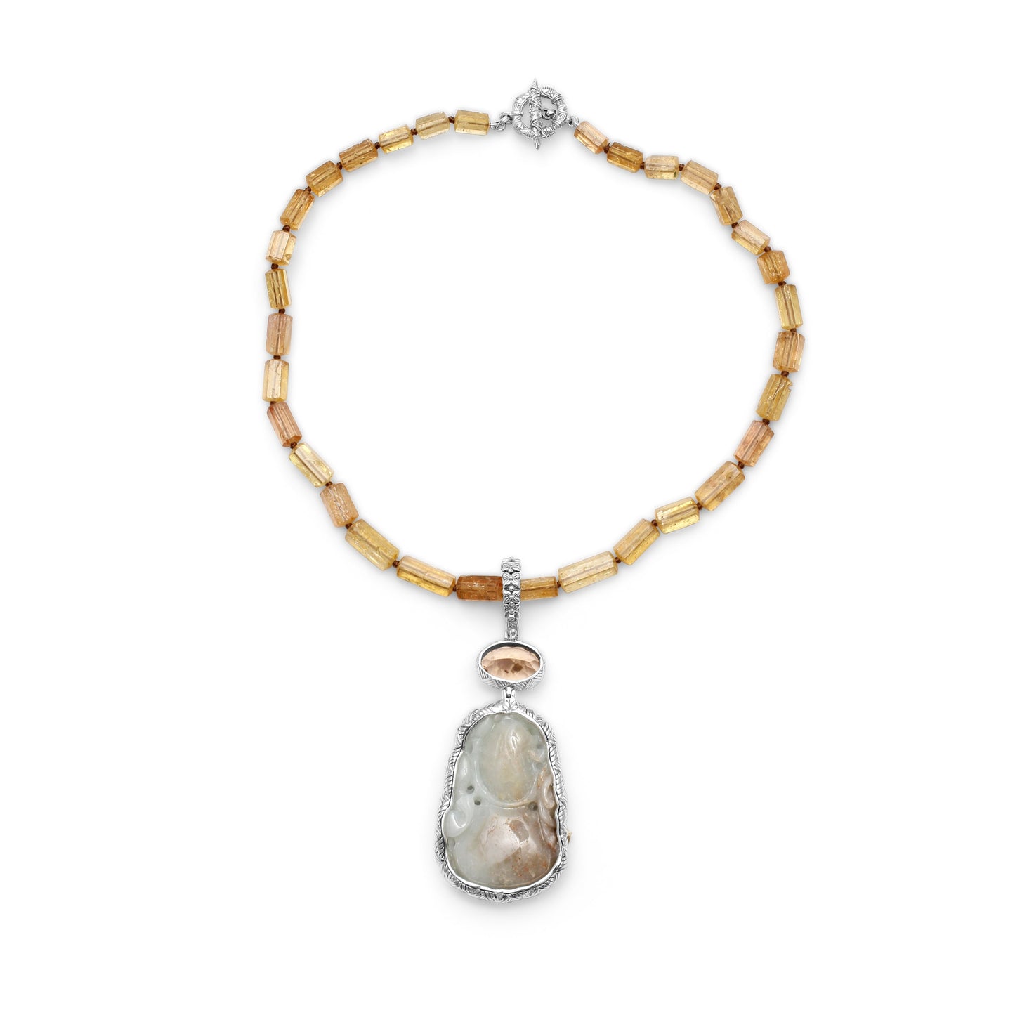 One of a Kind Vintage Hand Carved Jade Faceted Citrine and Imperial Topaz Necklace in Sterling Silver with 18K Gold Adam