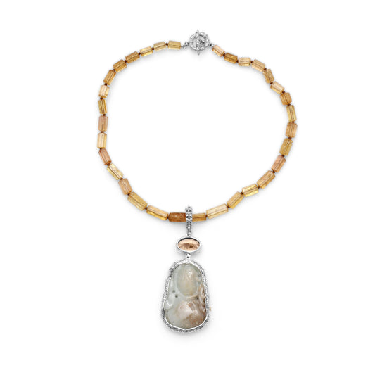 One of a Kind Vintage Hand Carved Jade Faceted Citrine and Imperial Topaz Necklace in Sterling Silver with 18K Gold Adam