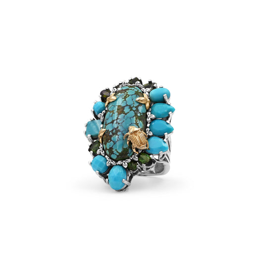 One of a Kind Turquoise and Green Tourmaline Ring in Sterling Silver With 18K Gold Flowers and 18K Adam