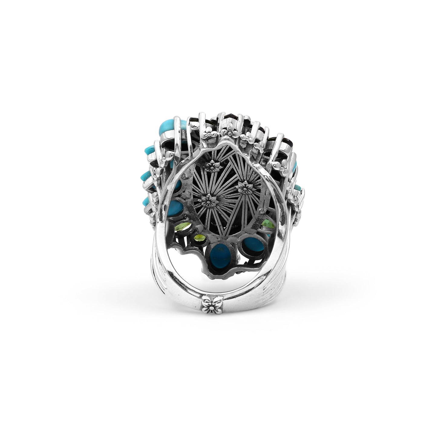 One of a Kind Turquoise and Green Tourmaline Ring in Sterling Silver With 18K Gold Flowers and 18K Adam