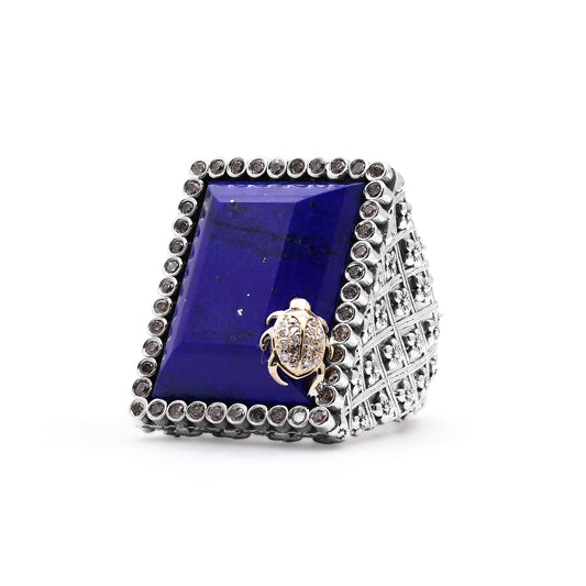 Faceted Lapis and Diamond 0.50ct Ring in Sterling Silver with 18K Gold Diamond Pave Adam