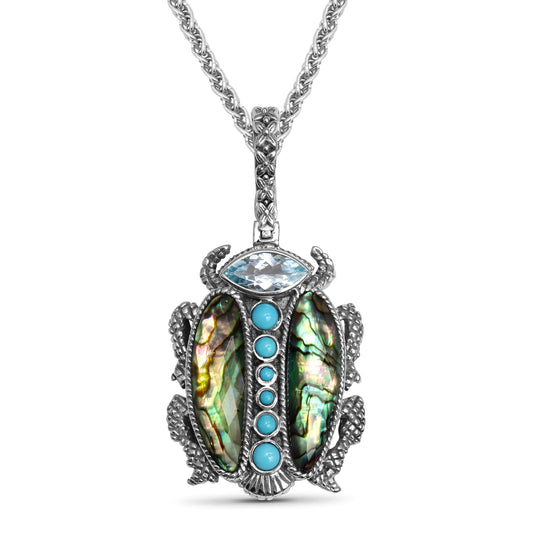 Garden of Stephen Blue Topaz Turquoise Natural Quartz and Abalone Scarab Pendant in Sterling Silver