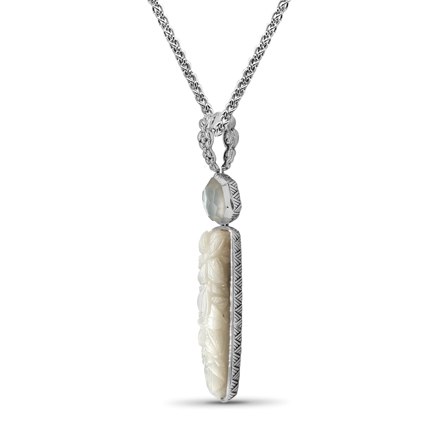 Carventurous 53.70ct Hand Carved Mother of Pearl and Faceted Natural Quartz Pendant in Sterling Silver