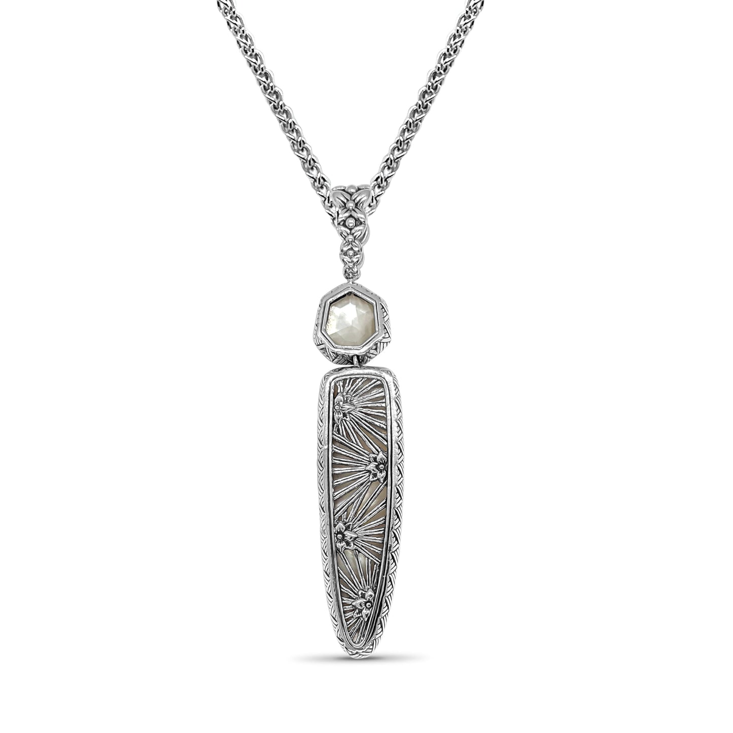 Carventurous 53.70ct Hand Carved Mother of Pearl and Faceted Natural Quartz Pendant in Sterling Silver
