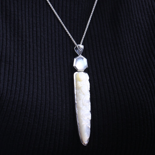 Carventurous 53.70ct Hand Carved Mother of Pearl and Faceted Natural Quartz Pendant in Sterling Silver