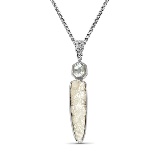 Carventurous 53.70ct Hand Carved Mother of Pearl and Faceted Natural Quartz Pendant in Sterling Silver