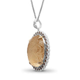 Carventurous Hand Carved Natural Quartz Gold Lining and Morganite Pendant in Sterling Silver with 18K Gold Flowers