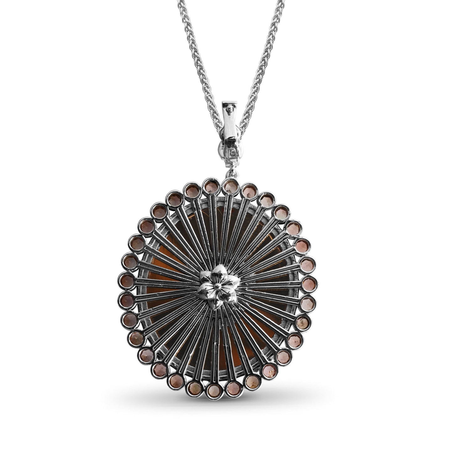 Carventurous Hand Carved Natural Quartz Gold Lining and Morganite Pendant in Sterling Silver with 18K Gold Flowers