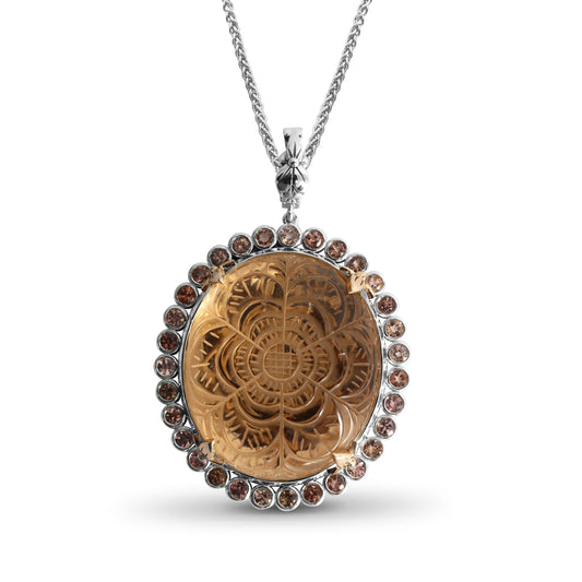 Carventurous Hand Carved Natural Quartz Gold Lining and Morganite Pendant in Sterling Silver with 18K Gold Flowers