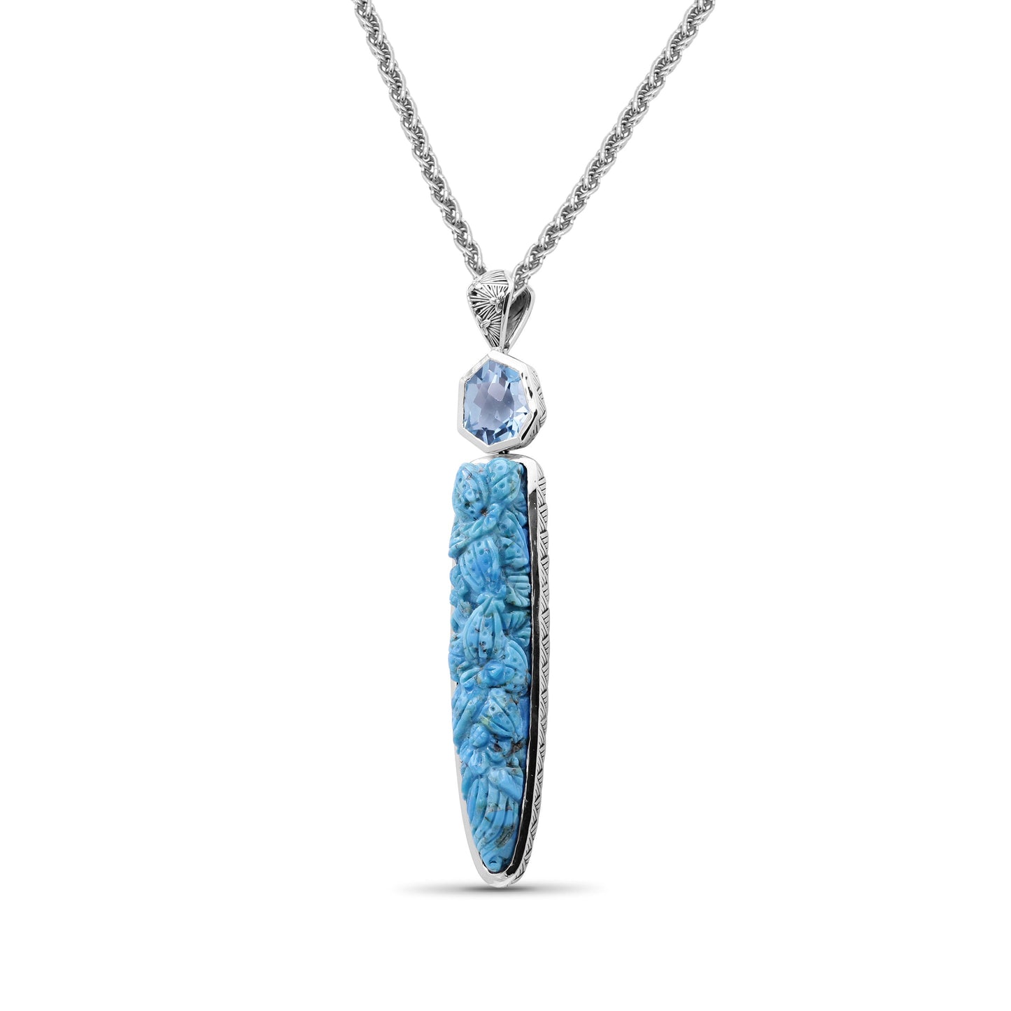 Carventurous Hand Carved Turquoise and Faceted Galactical Blue Topaz Pendant in Sterling Silver