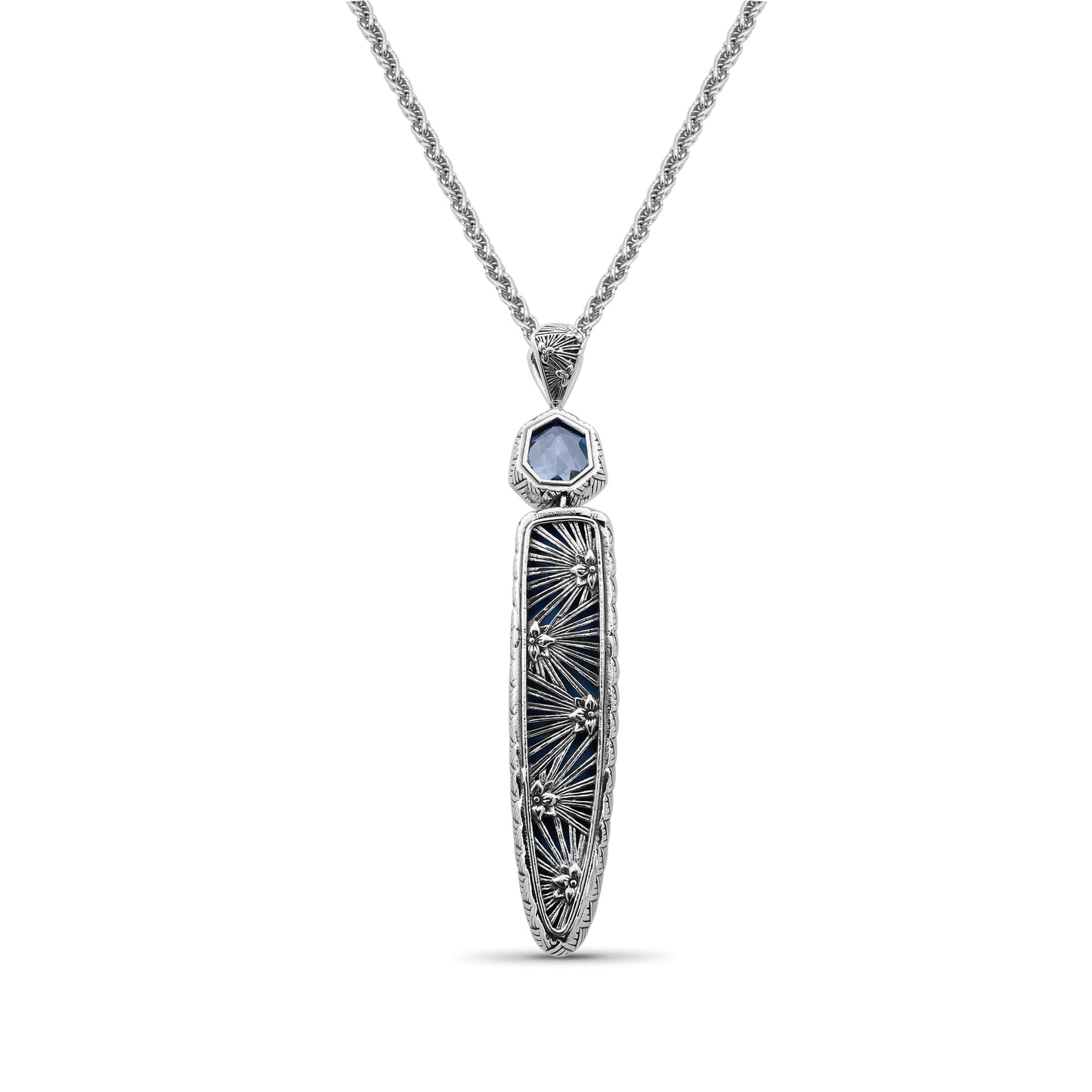 Carventurous Hand Carved Turquoise and Faceted Galactical Blue Topaz Pendant in Sterling Silver