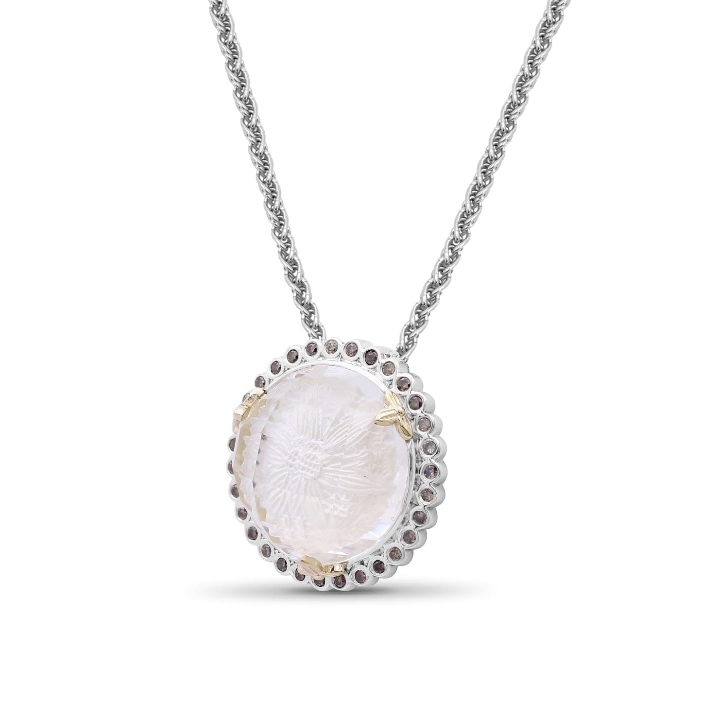 Carventurous Internally Carved Natural Quartz Gold Lining Pendant in Sterling Silver with Champagne Diamonds and 18K Gold Flowers