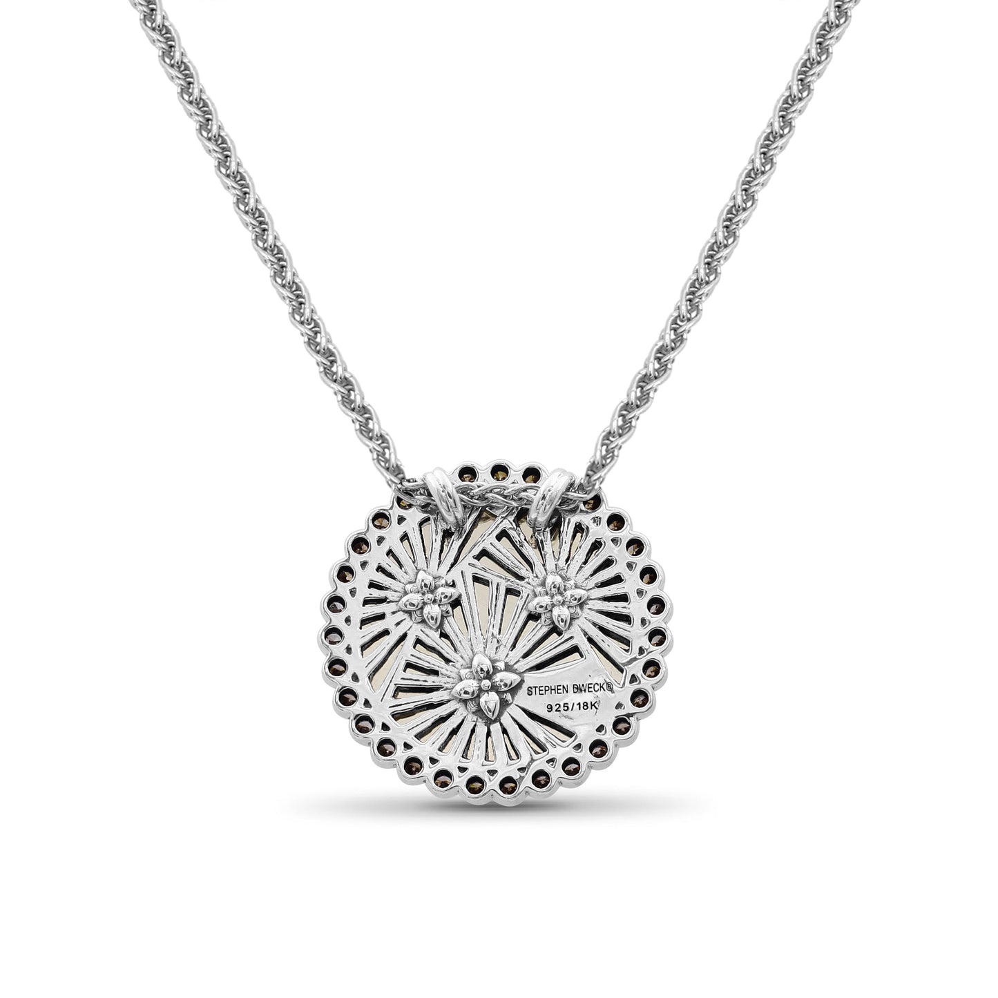 Carventurous Internally Carved Natural Quartz Gold Lining Pendant in Sterling Silver with Champagne Diamonds and 18K Gold Flowers