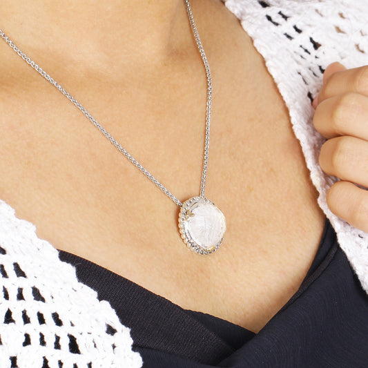 Carventurous Internally Carved Natural Quartz Gold Lining Pendant in Sterling Silver with Champagne Diamonds and 18K Gold Flowers