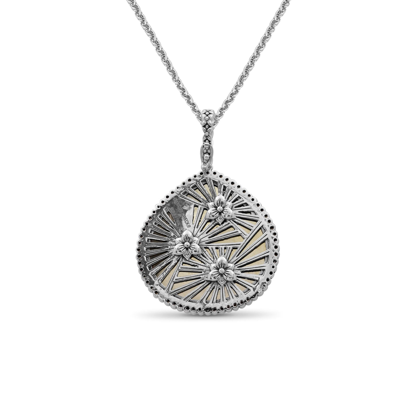 Carventurous Internally Carved Natural Quartz Gold Lining with Champagne Diamonds Necklace in Sterling Silver with 18K Gold Flowers