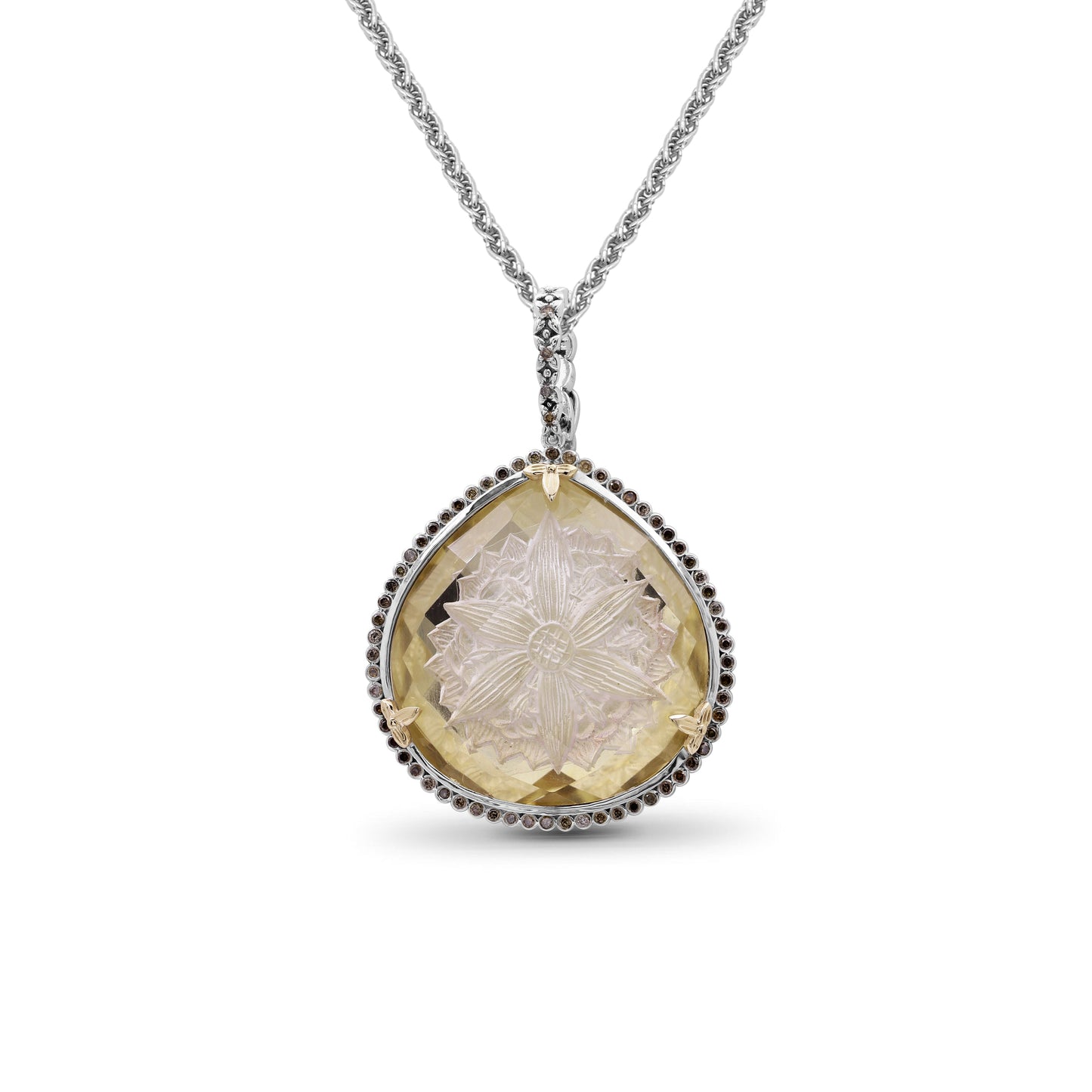 Carventurous Internally Carved Natural Quartz Gold Lining with Champagne Diamonds Necklace in Sterling Silver with 18K Gold Flowers