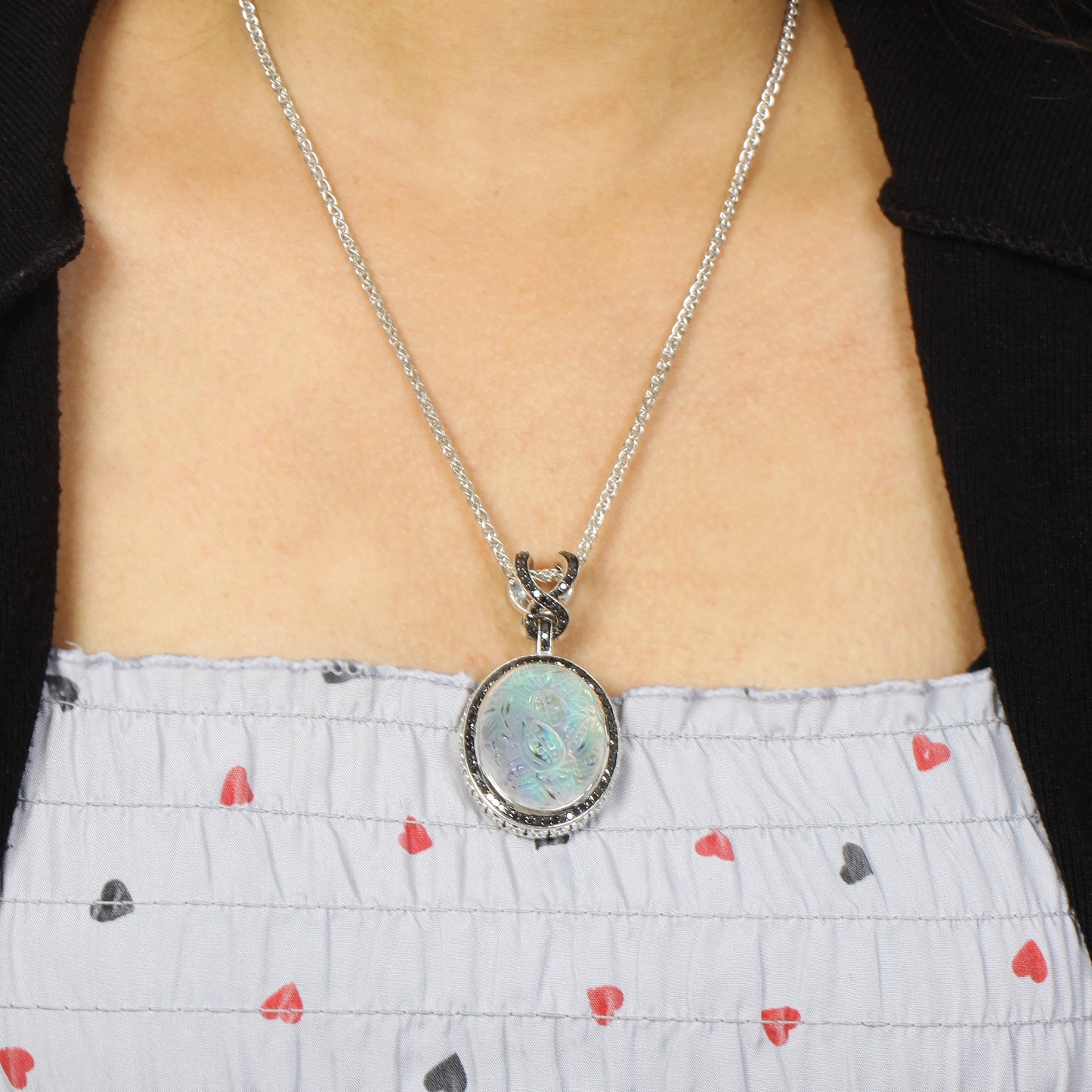 Carventurous Hand Carved Natural Quartz Abalone and Black Diamond 1.09ct Pendant in Sterling Silver