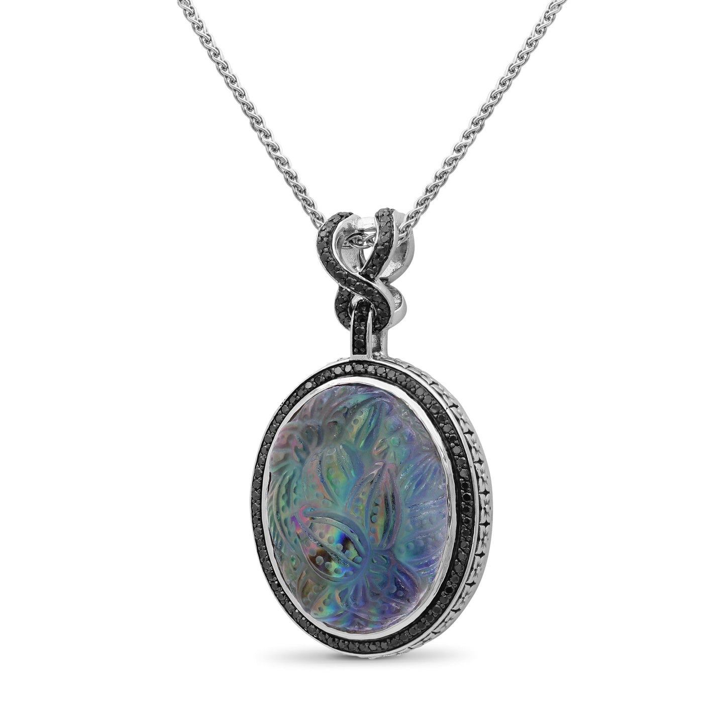 Carventurous Hand Carved Natural Quartz Abalone and Black Diamond 1.12ct Pendant in Sterling Silver