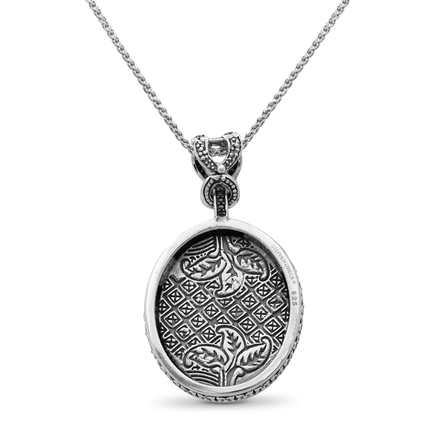 Carventurous Hand Carved Natural Quartz Abalone and Black Diamond 1.12ct Pendant in Sterling Silver