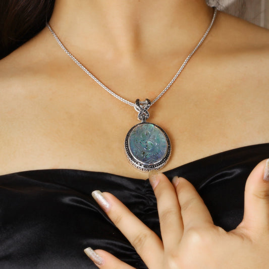 Carventurous Hand Carved Natural Quartz Abalone and Black Diamond 1.12ct Pendant in Sterling Silver