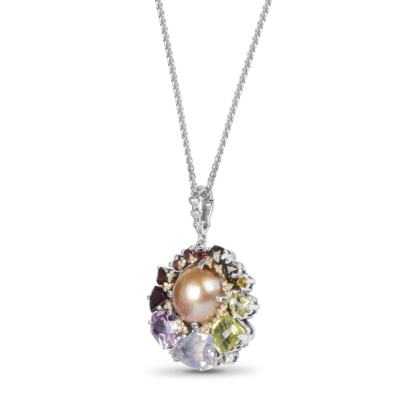 Rockrageous Multi-Hued Citrine Rhodolite Garnet Tourmaline Amethyst Sapphire Lavender Moon and Smoky Quartz and Mabe Pearl Pendant in Sterling Silver with 18K Gold and Diamond Flowers