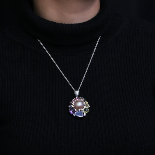 Rockrageous Multi-Hued Citrine Rhodolite Garnet Tourmaline Amethyst Sapphire Lavender Moon and Smoky Quartz and Mabe Pearl Pendant in Sterling Silver with 18K Gold and Diamond Flowers