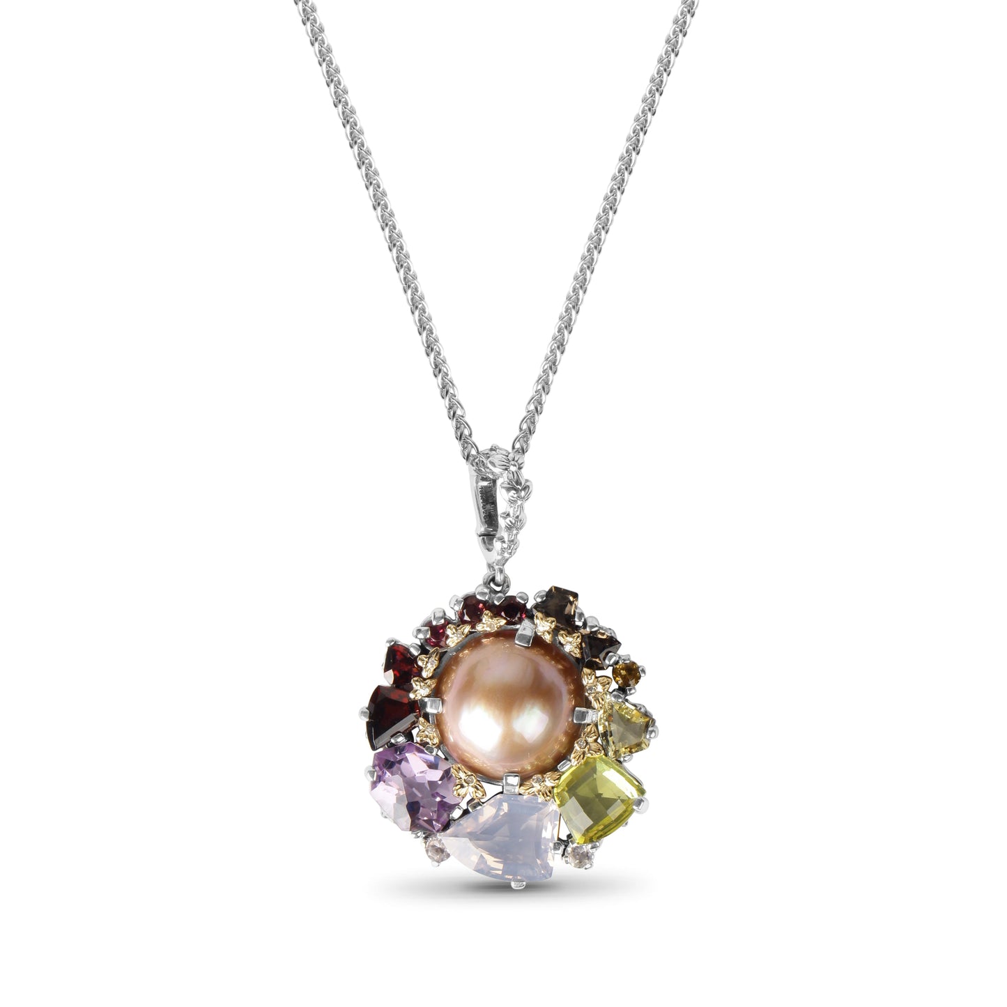 Rockrageous Multi-Hued Citrine Rhodolite Garnet Tourmaline Amethyst Sapphire Lavender Moon and Smoky Quartz and Mabe Pearl Pendant in Sterling Silver with 18K Gold and Diamond Flowers