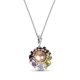 Rockrageous Multi-Hued Citrine Rhodolite Garnet Tourmaline Amethyst Sapphire Lavender Moon and Smoky Quartz and Mabe Pearl Pendant in Sterling Silver with 18K Gold and Diamond Flowers