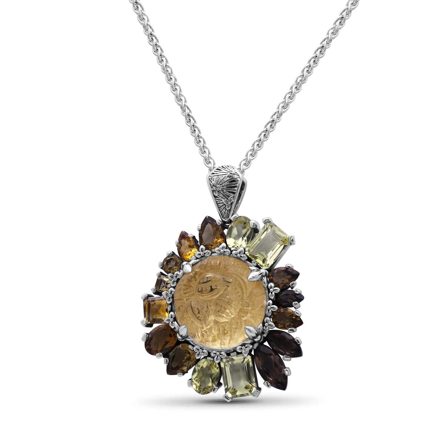 Rockrageous Hand Carved Natural Quartz Gold Lining Citrine Smoky Cognac and Champagne Quartz Pendant in Sterling Silver